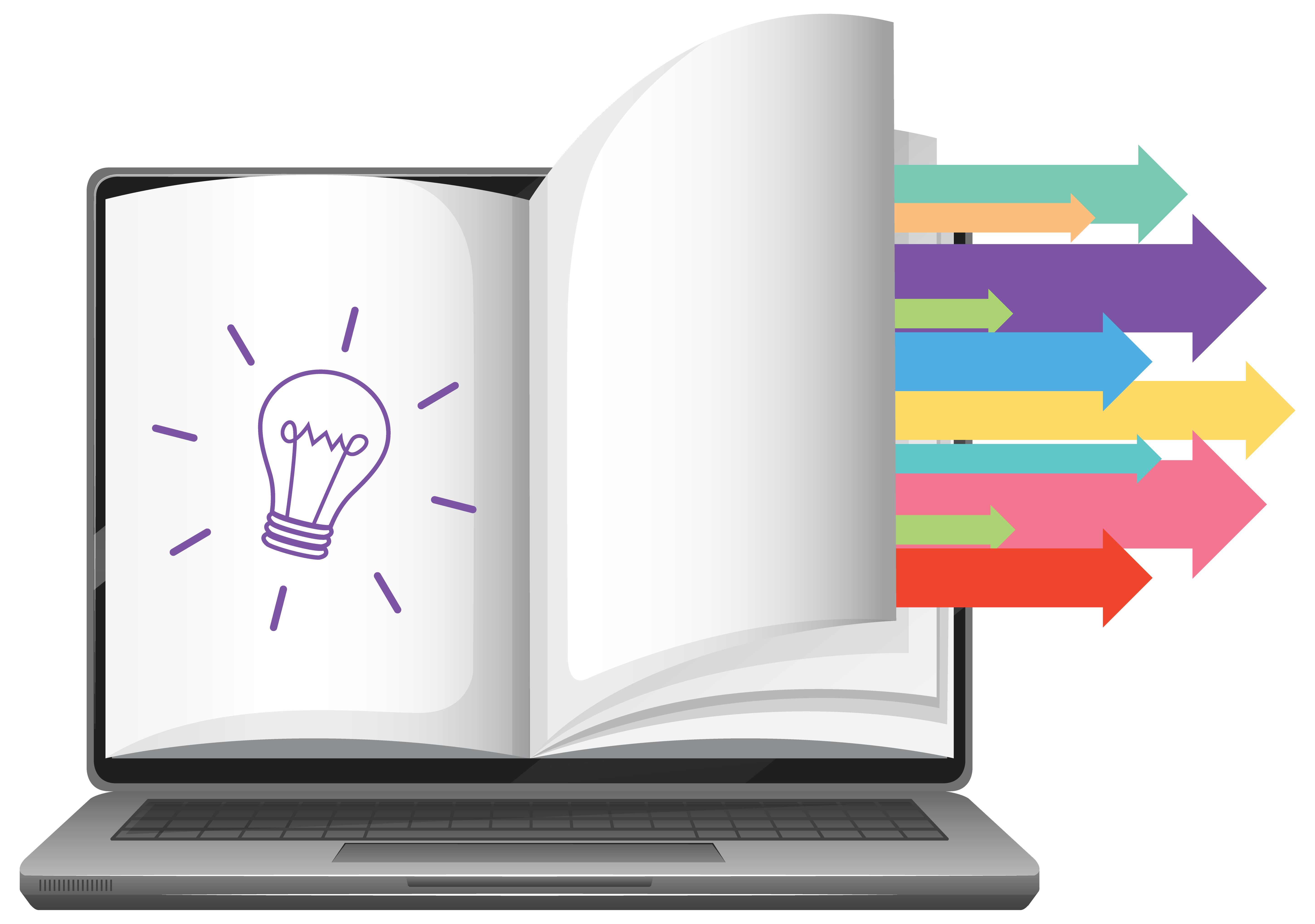 Laptop mit aufgeschlagenem Buch, aus dem farbige Pfeile als Informationsströme hervorgehen.